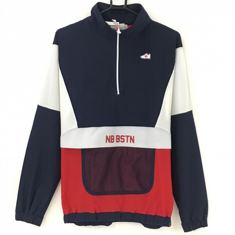【新品】ニューバランスゴルフ ジャケットブルゾン ネイビー×白×レッド ハーフジップ凹凸生地 レディース 2(L) ゴルフウェア New Balance