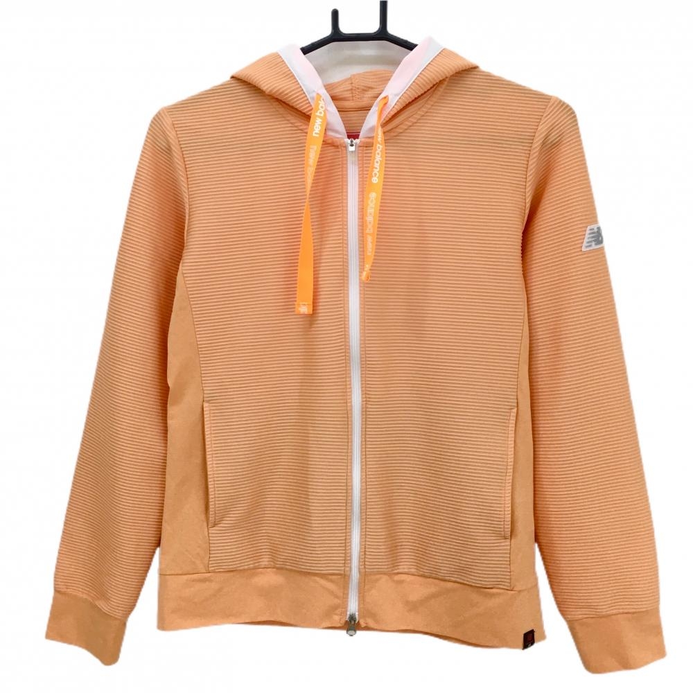 【美品】ニューバランスゴルフ ジップパーカー オレンジ×白 織生地 袖ロゴワッペン レディース 2(L) ゴルフウェア New Balance