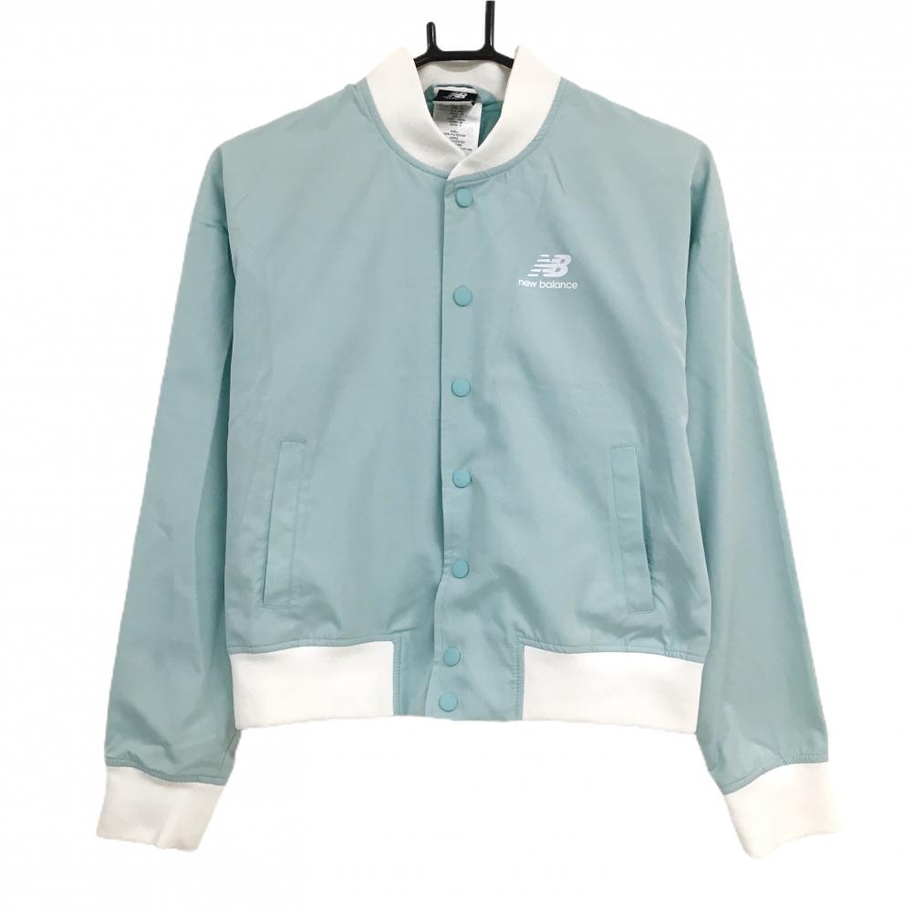 【美品】ニューバランス ジャケットブルゾン ライトブルー系×白 ロゴプリント  レディース XS ゴルフウェア New Balance