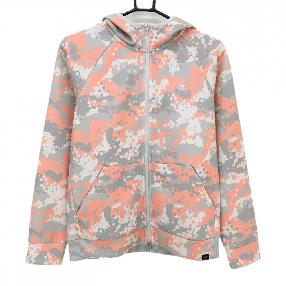 【超美品】ニューバランスゴルフ ジップパーカー グレー×サーモンピンク カモフラ風 迷彩 レディース 2(L) ゴルフウェア New Balance