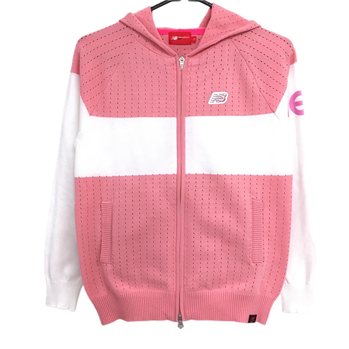 【超美品】ニューバランスゴルフ ニットジップパーカー ピンク×白 透かし編み ロゴラメ  レディース 1(M) ゴルフウェア New Balance