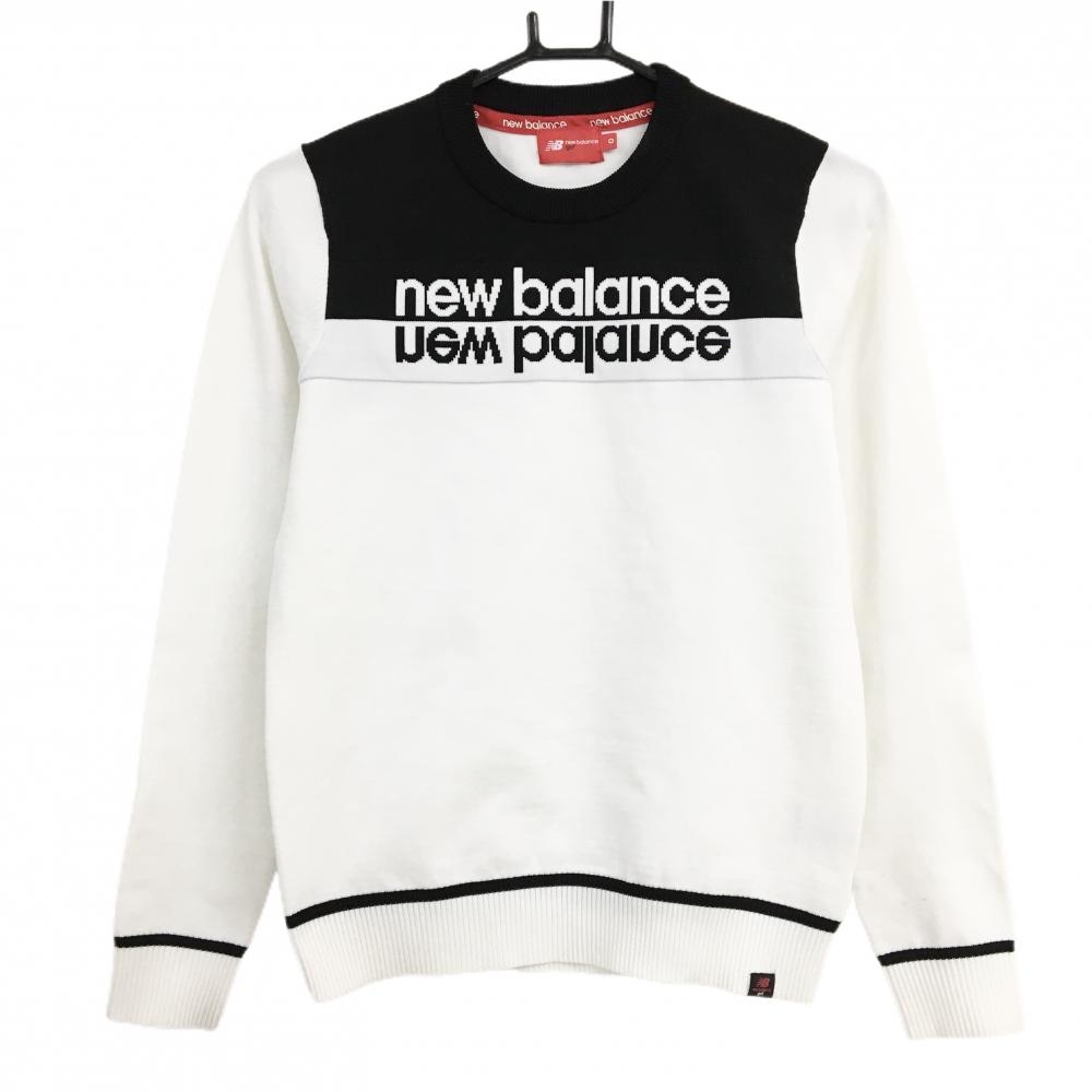 【美品】ニューバランスゴルフ セーター 白×黒 胸ロゴ ニット レディース 0(S) ゴルフウェア New Balance