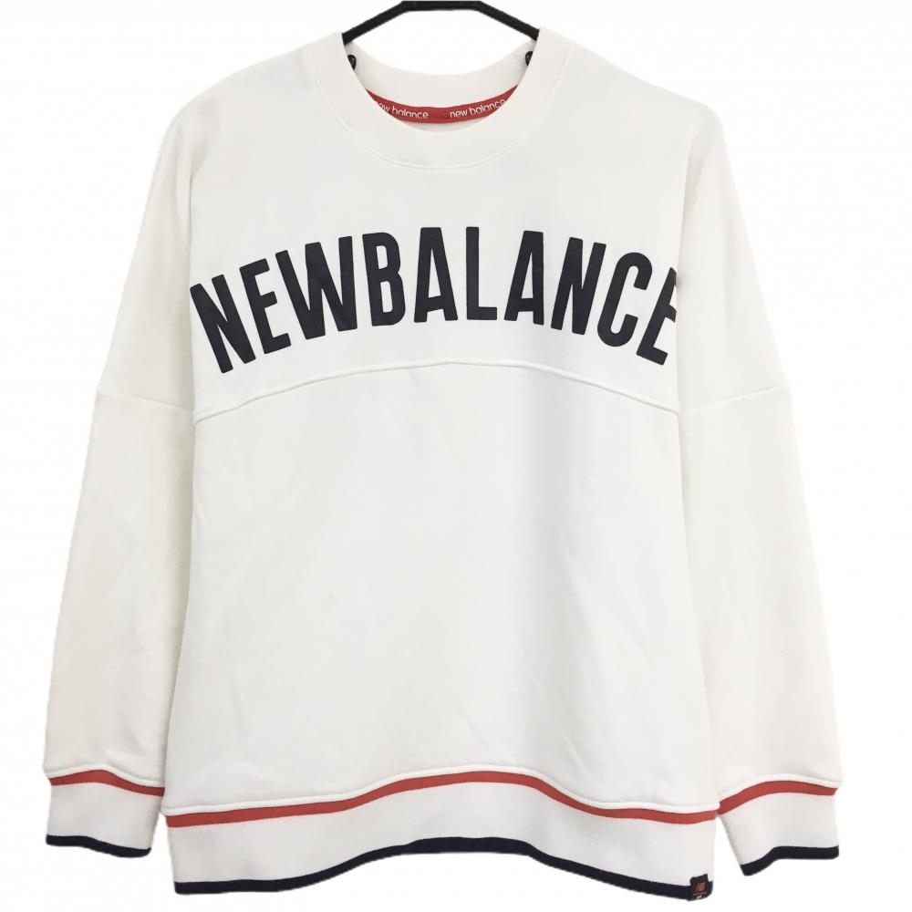 【超美品】ニューバランスゴルフ トレーナー 白×ネイビー 裏起毛 スウェット ビッグロゴ レディース 2(L) ゴルフウェア New Balance