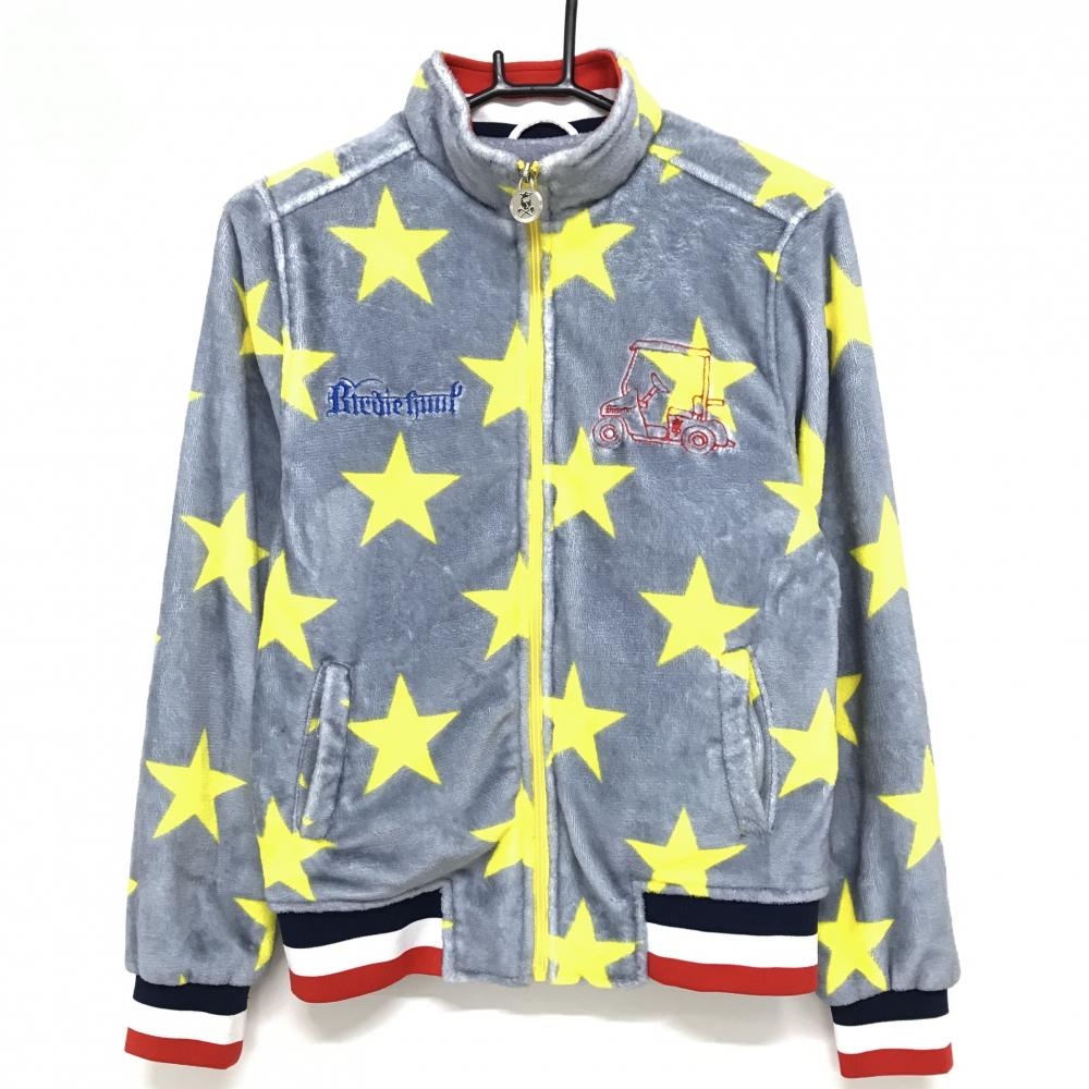 バーディーハント フリースジャケット ブルーグレー×イエロー 星柄 背面スカル ロゴ刺しゅう レディース M ゴルフウェア Birdie hunt