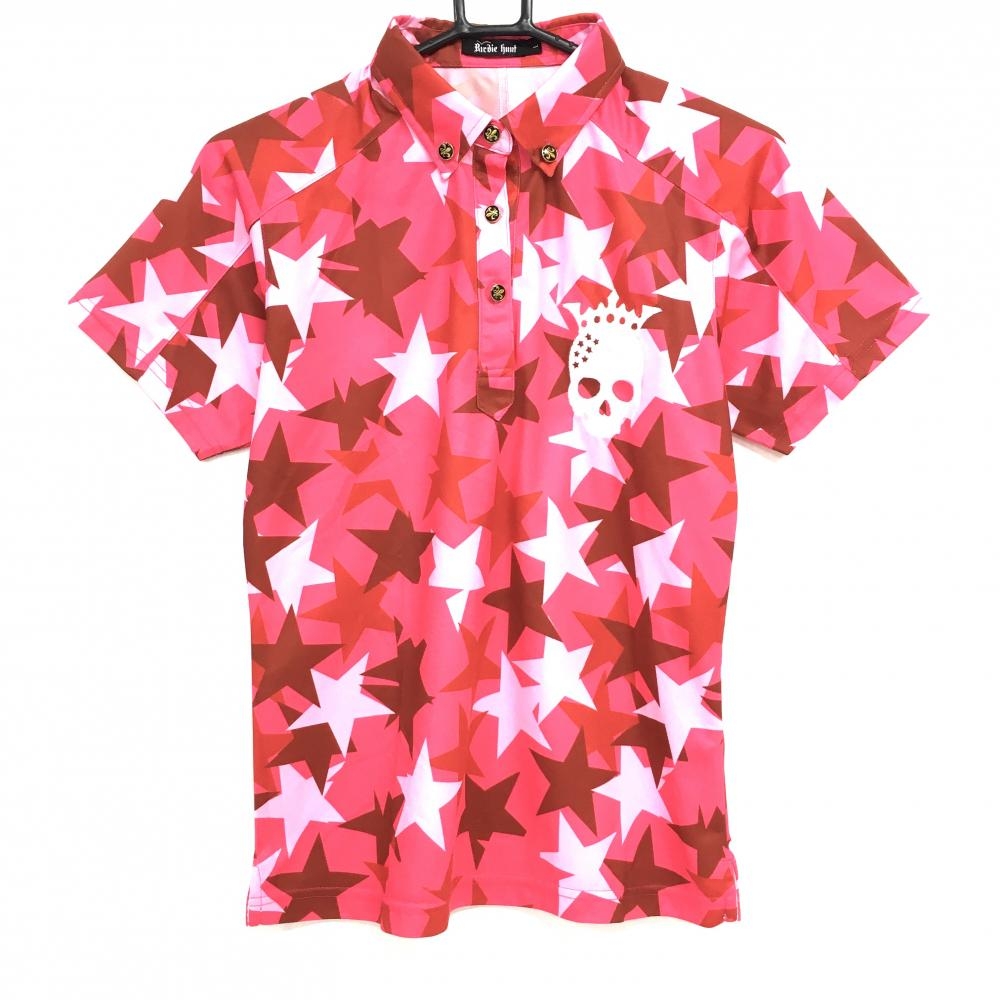 【美品】バーディーハント 半袖ポロシャツ ピンク×レッド 星柄 スカル  レディース L ゴルフウェア Birdie hunt