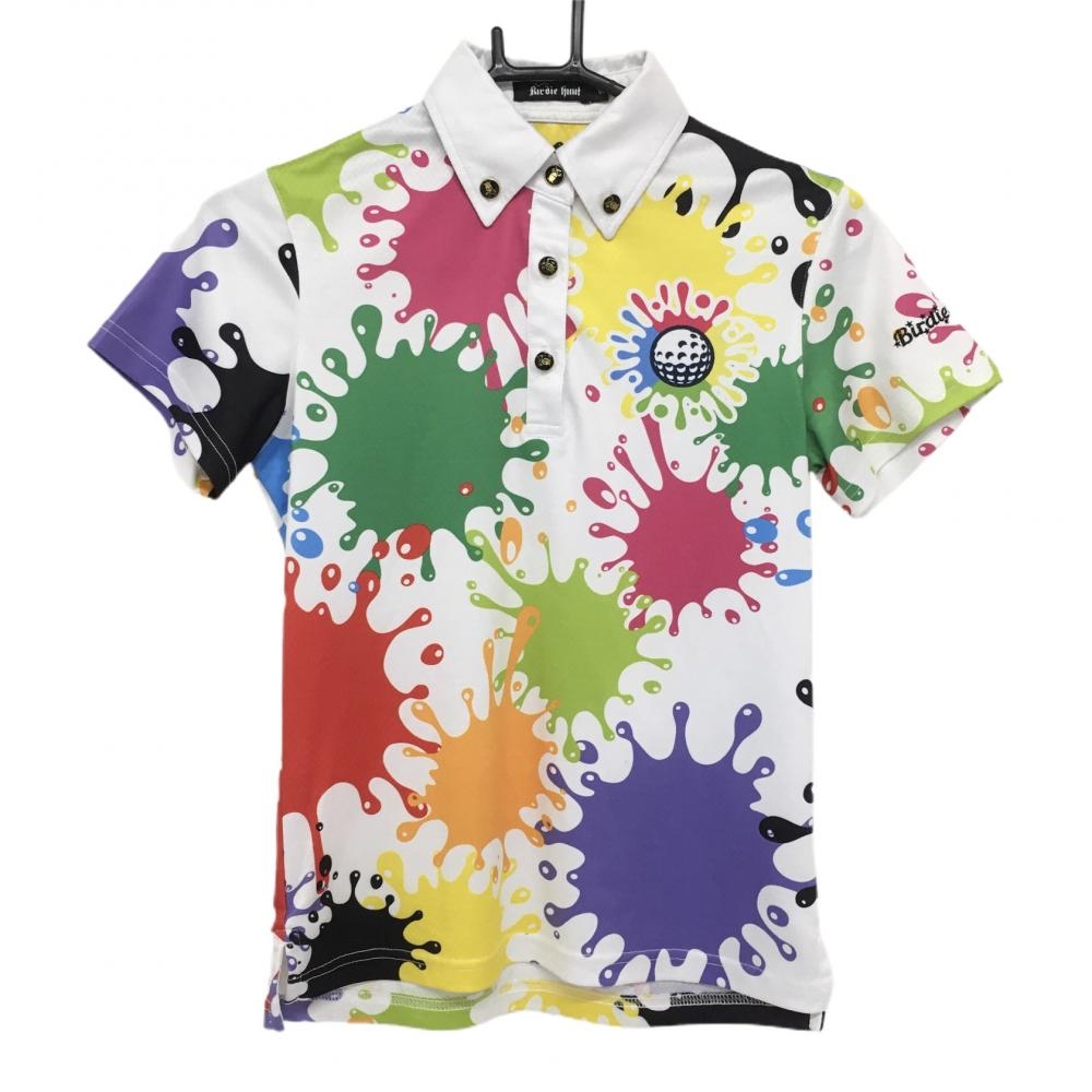 【美品】バーディーハント 半袖ポロシャツ 白×マルチカラー ペイント柄 袖刺しゅう レディース S ゴルフウェア Birdie hunt