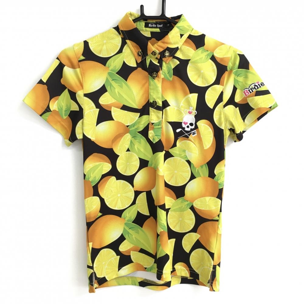 【美品】バーディーハント 半袖ポロシャツ 黒×イエロー レモン柄 ロゴ刺しゅう レディース S ゴルフウェア Birdie hunt