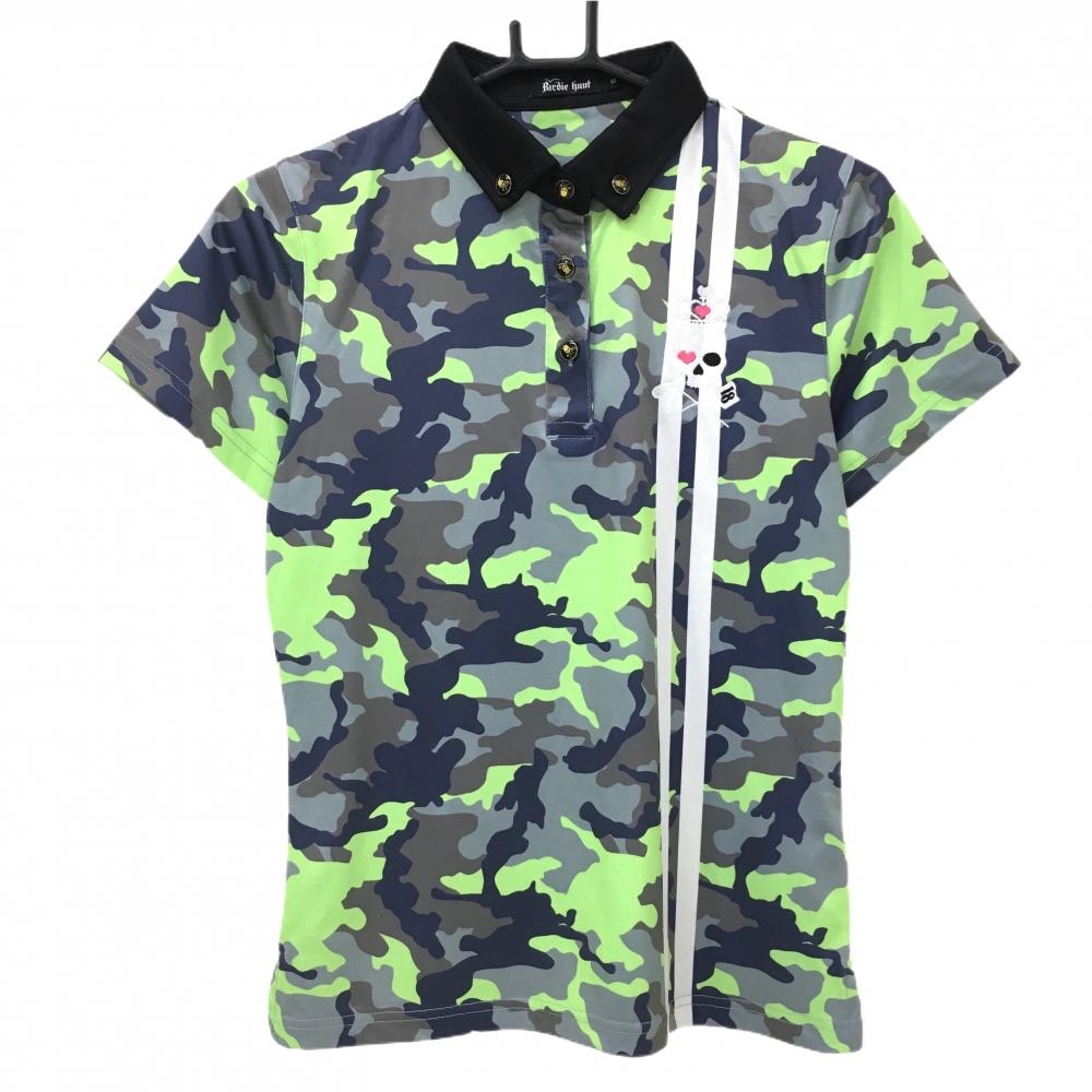 【美品】バーディーハント 半袖ポロシャツ グレー×ライトグリーン 迷彩柄 カモフラ レディース S ゴルフウェア Birdie hunt