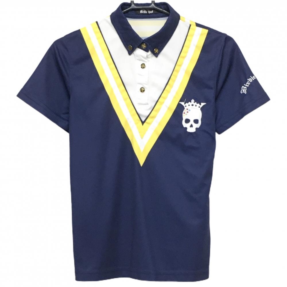 バーディーハント 半袖ポロシャツ ネイビー×イエロー 重ね着風 スカル刺しゅう レディース M ゴルフウェア Birdie hunt