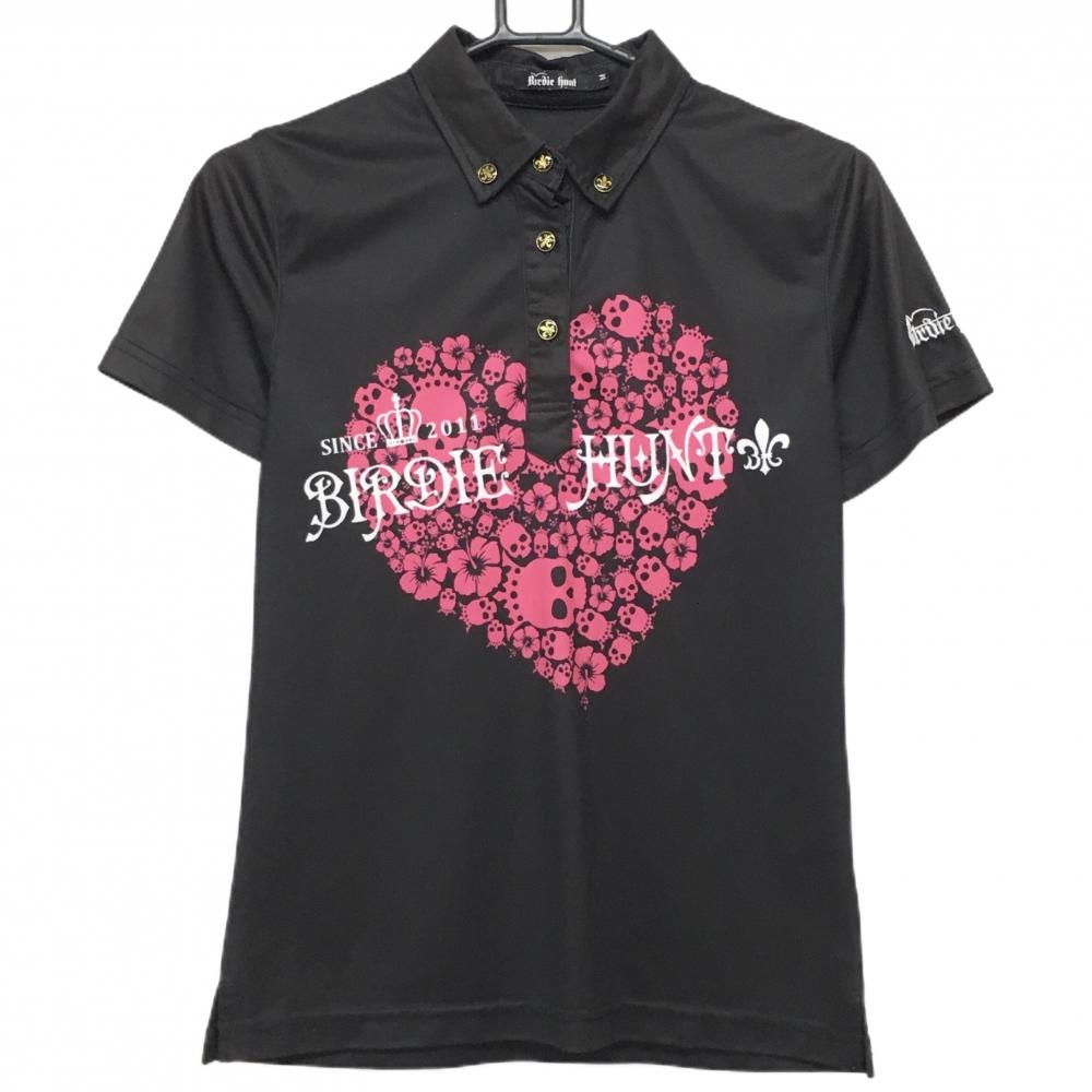 バーディーハント 半袖ポロシャツ 黒×ピンク スカルハート レディース M ゴルフウェア Birdie hunt