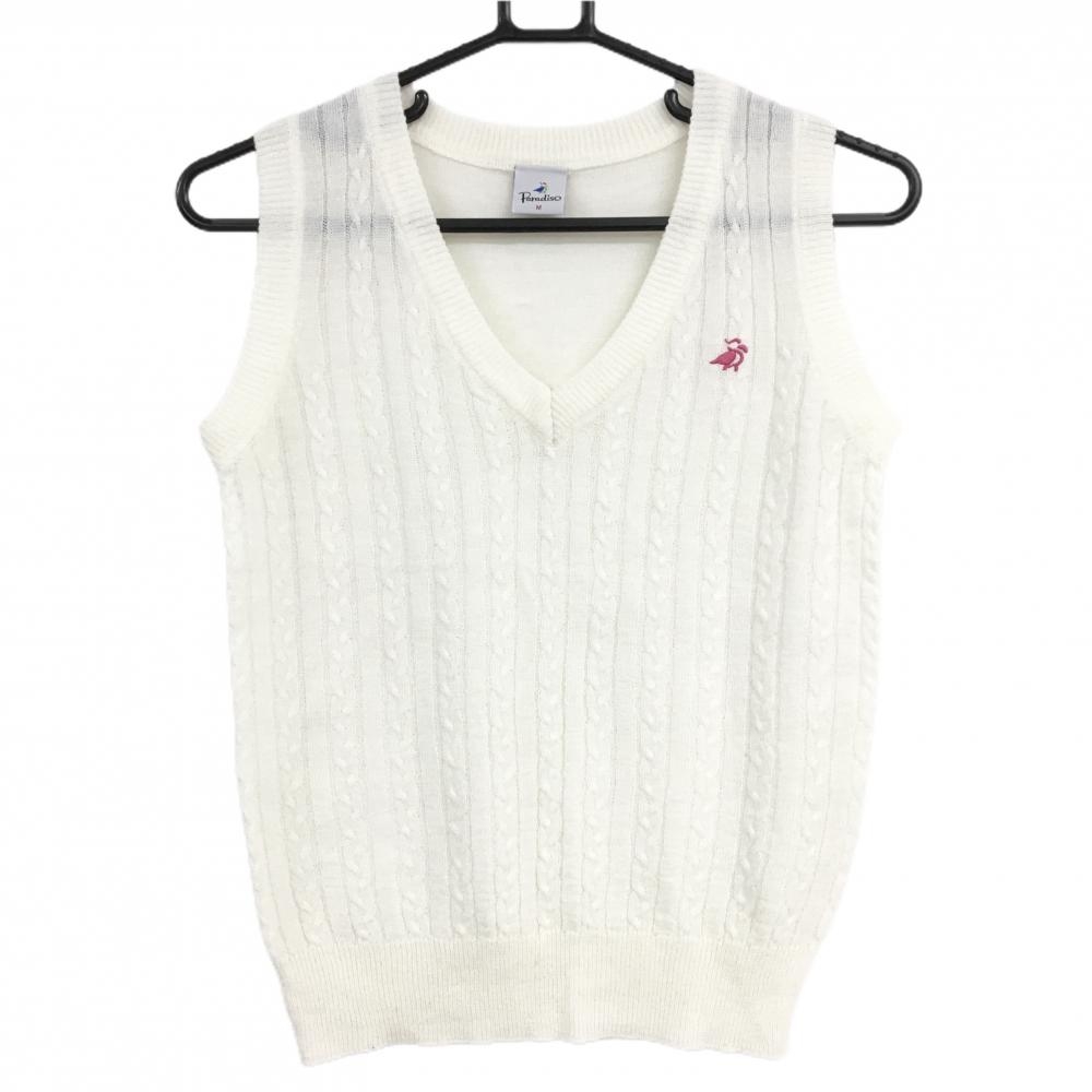 【超美品】パラディーゾ ニットベスト 白 ロゴピンク Vネック レディース M ゴルフウェア Paradiso