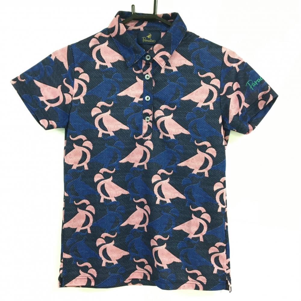 【超美品】パラディーゾ 半袖ポロシャツ ネイビー×ピンク 総柄 袖ロゴ刺しゅう レディース M ゴルフウェア Paradiso