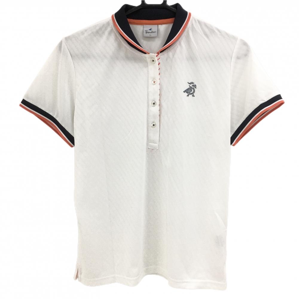 【超美品】パラディーゾ 半袖ポロシャツ 白×オレンジ 斜めストライプ織生地  レディース LL ゴルフウェア Paradiso