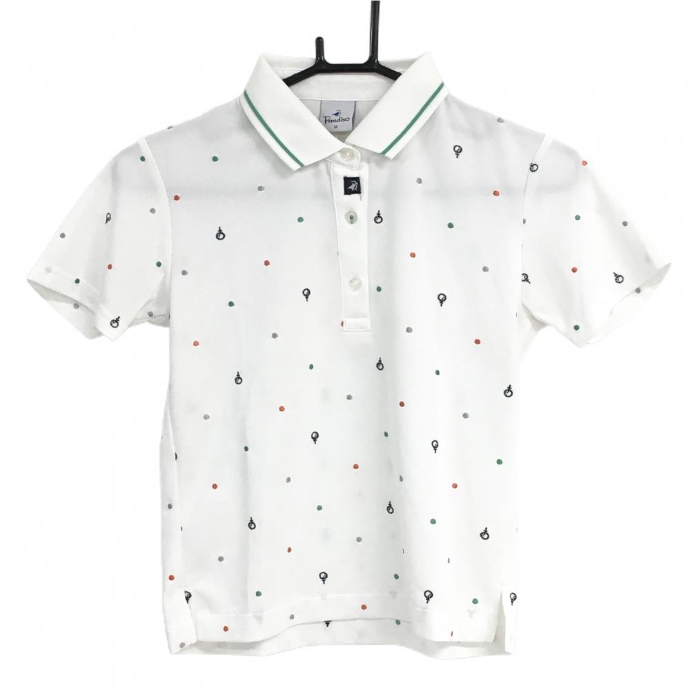 【超美品】パラディーゾ 半袖ポロシャツ 白×グリーン ドット風 レディース M ゴルフウェア Paradiso