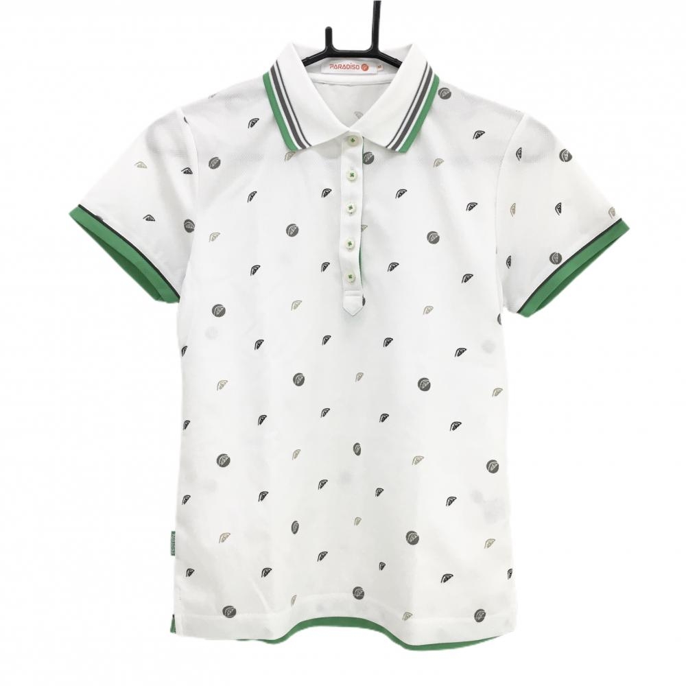 【美品】パラディーゾ 半袖ポロシャツ 白×黒×グリーン 総柄 レディース M ゴルフウェア Paradiso