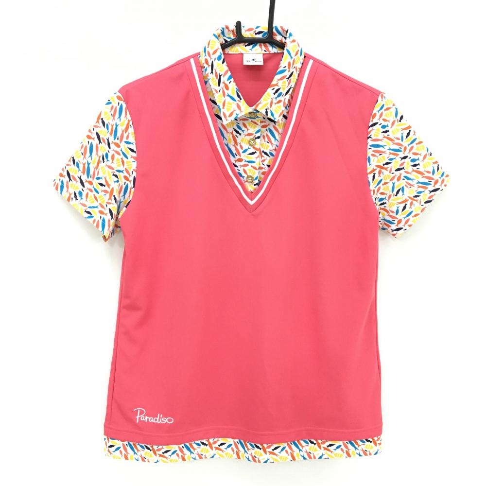 【超美品】パラディーゾ 半袖ポロシャツ ピンク×白 一部魚柄 重ね着風 レディース LL ゴルフウェア Paradiso