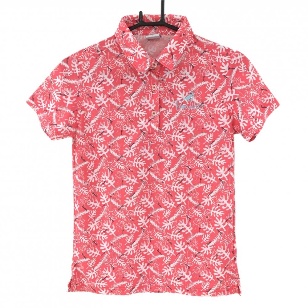 【超美品】パラディーゾ 半袖ポロシャツ ピンクレッド×白 総柄 ロゴ刺しゅう レディース M ゴルフウェア Paradiso