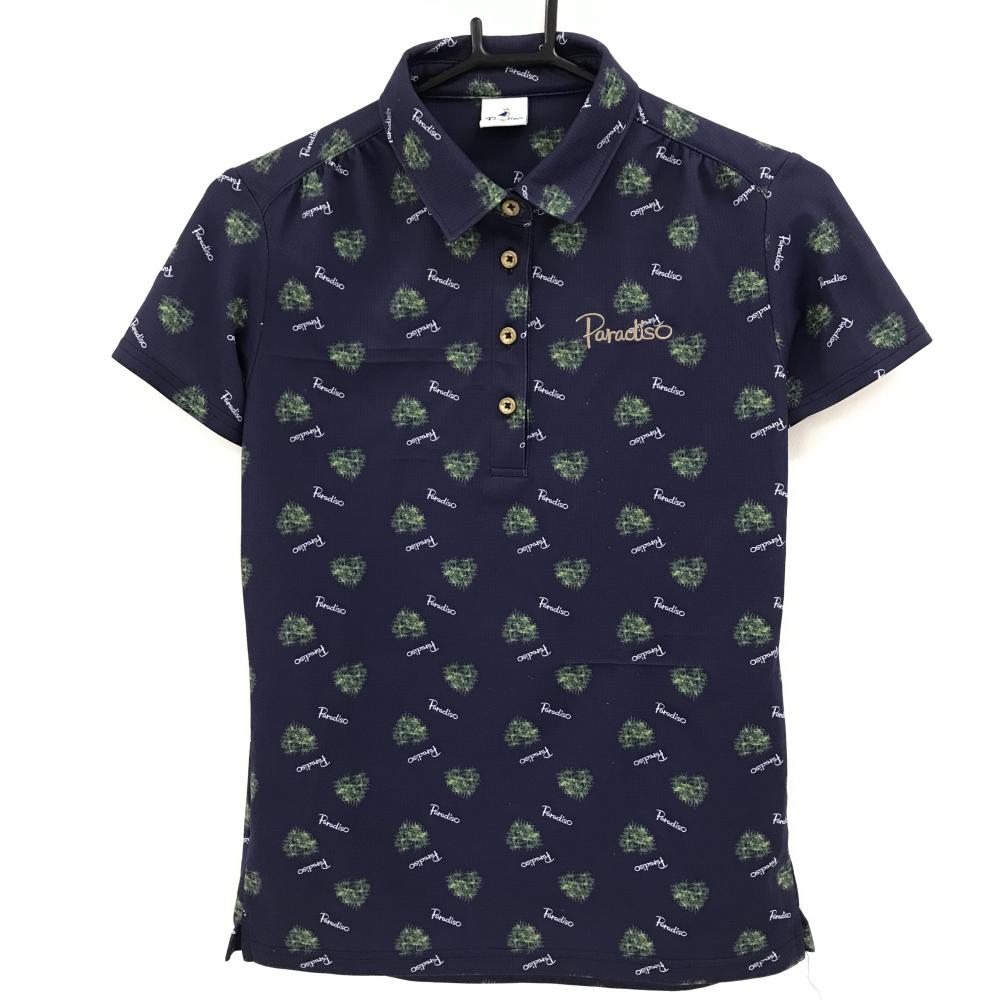 パラディーゾ 半袖ポロシャツ ネイビー×グリーン 総柄 ロゴ総柄  レディース M ゴルフウェア Paradiso