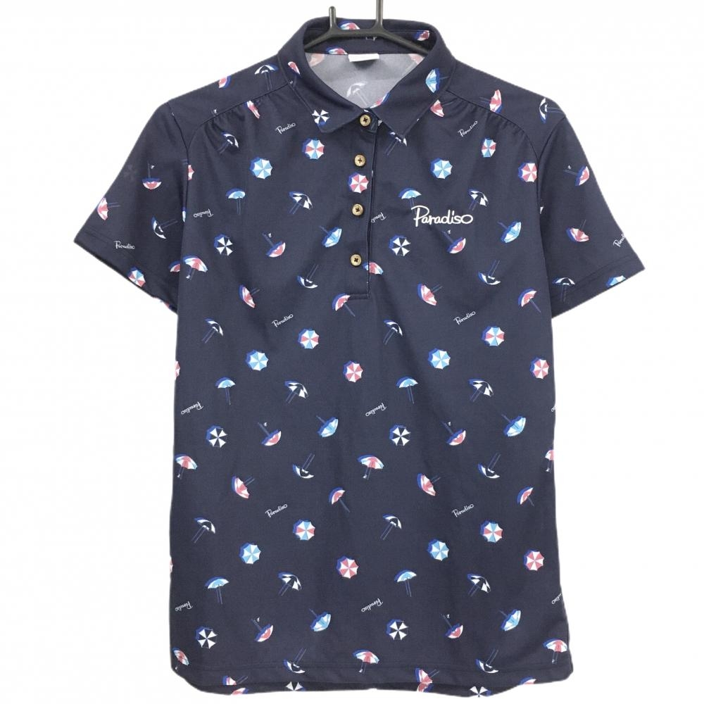 【超美品】パラディーゾ 半袖ポロシャツ ネイビー×ピンク パラソル柄 ロゴ刺しゅう レディース LL ゴルフウェア Paradiso