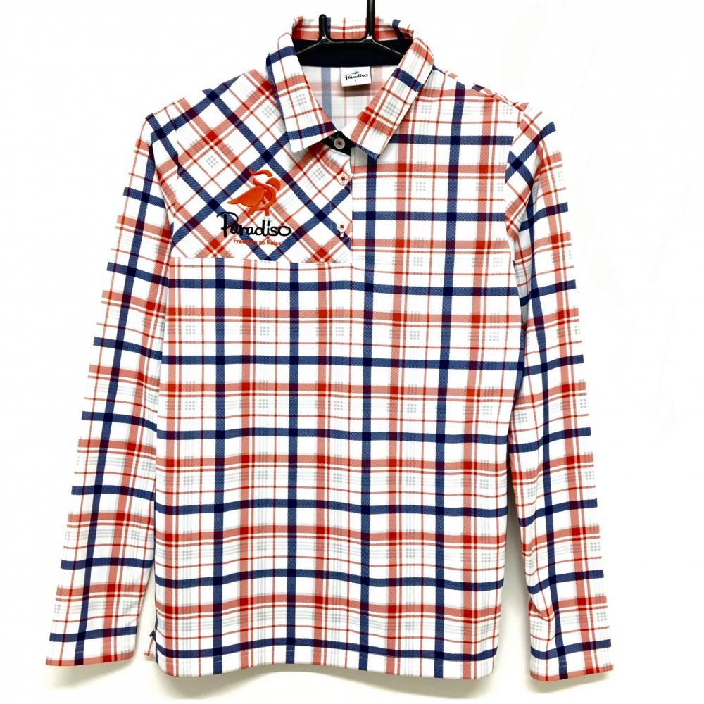 【美品】パラディーゾ 長袖ポロシャツ 白×レッド チェック柄 ロゴ刺しゅう レディース L ゴルフウェア Paradiso