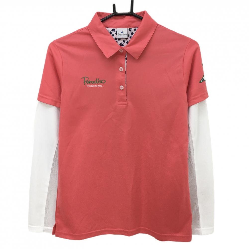 【超美品】パラディーゾ 長袖ポロシャツ ピンク×白 重ね着風 袖一部メッシュ  レディース L ゴルフウェア Paradiso