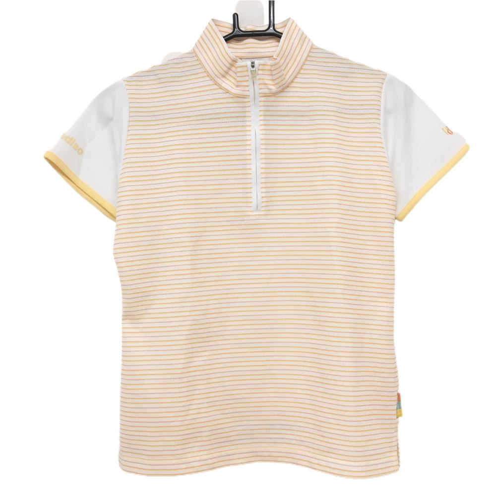 【美品】パラディーゾ 半袖ハイネックシャツ 白×オレンジ×イエロー ハーフジップ ボーダー  レディース M ゴルフウェア Paradiso