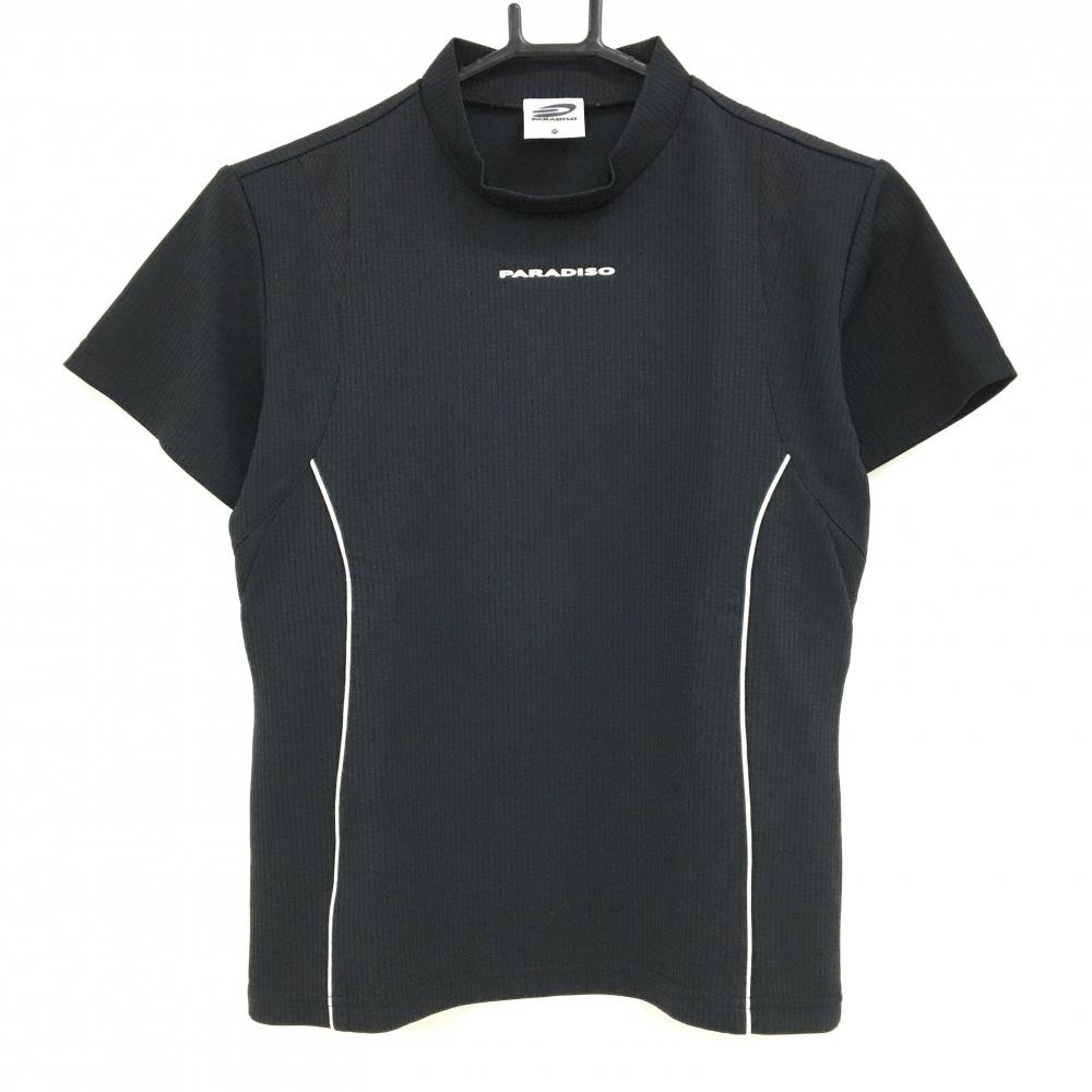 【超美品】パラディーゾ 半袖ハイネックシャツ 黒×白 格子織生地 ロゴプリント レディース M ゴルフウェア Paradiso