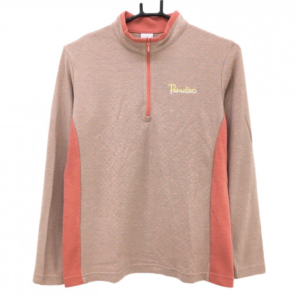 【超美品】パラディーゾ 長袖ハイネックシャツ サーモンピンク×グレー 総柄 ハーフジップ ニット レディース M ゴルフウェア Paradiso