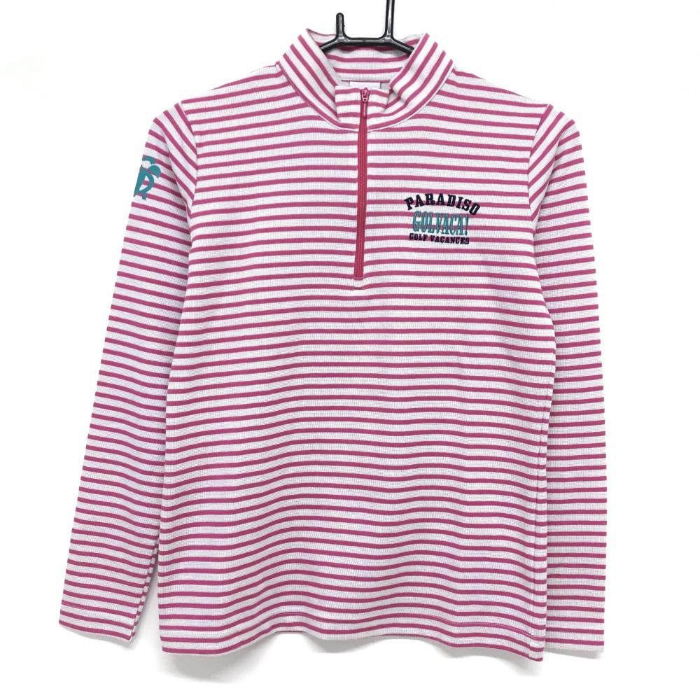 【美品】パラディーゾ 長袖ハイネックシャツ ライトグレー×ピンク ボーダー ハーフジップ レディース M ゴルフウェア Paradiso