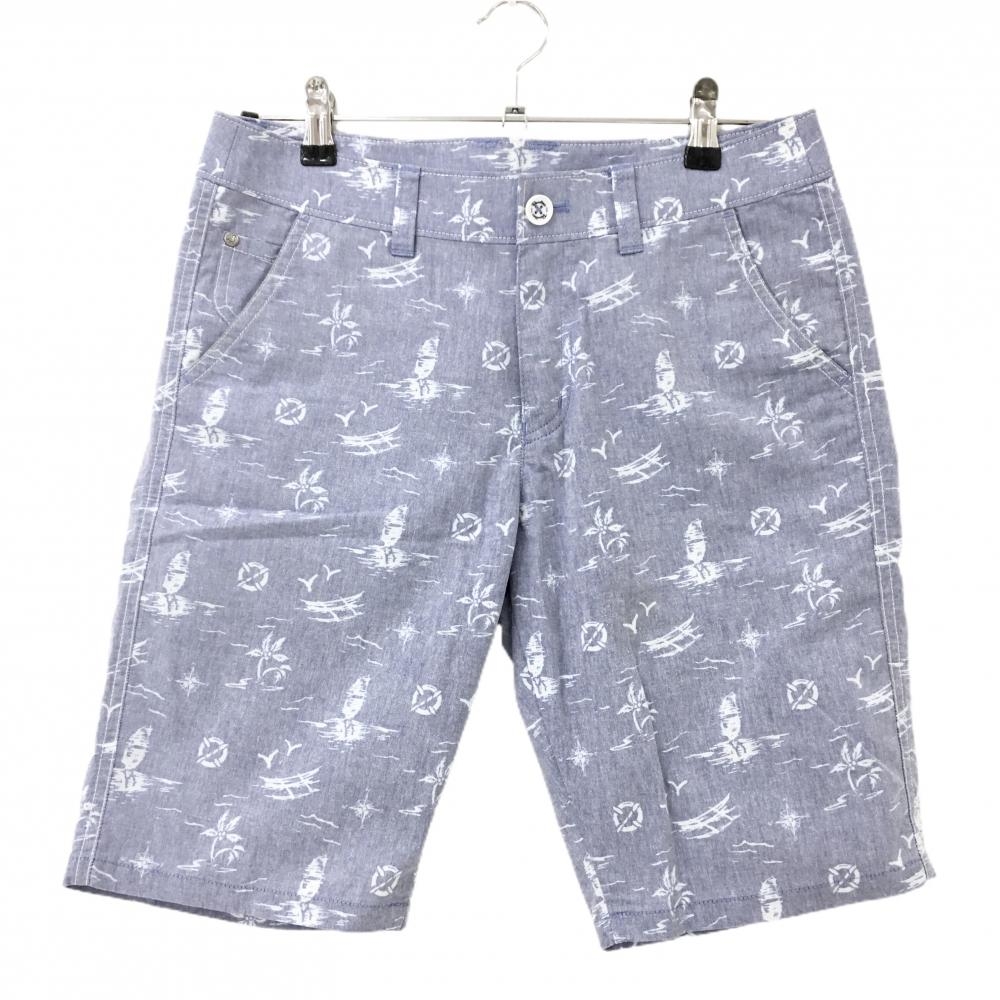 【美品】パラディーゾ ハーフパンツ ネイビー×白 総柄 ヤシの木 コットン混  レディース L ゴルフウェア Paradiso