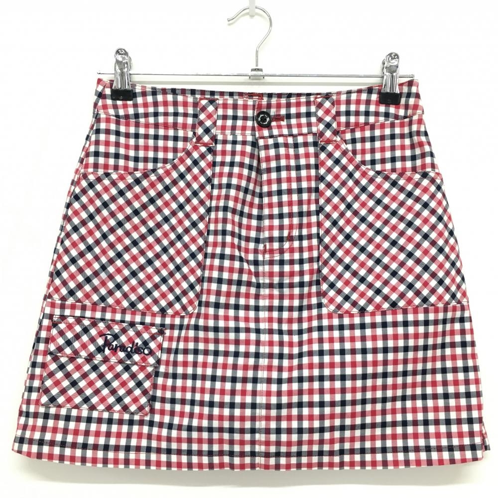【超美品】パラディーゾ スカート 白×レッド×ネイビー チェック 内側インナーパンツ レディース M ゴルフウェア Paradiso