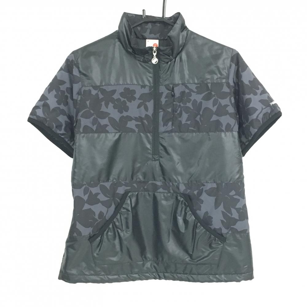 【超美品】パラディーゾ 中綿半袖ブルゾン 黒×グレー 一部花柄 ハーフジップ 裾ドローコード レディース M ゴルフウェア Paradiso