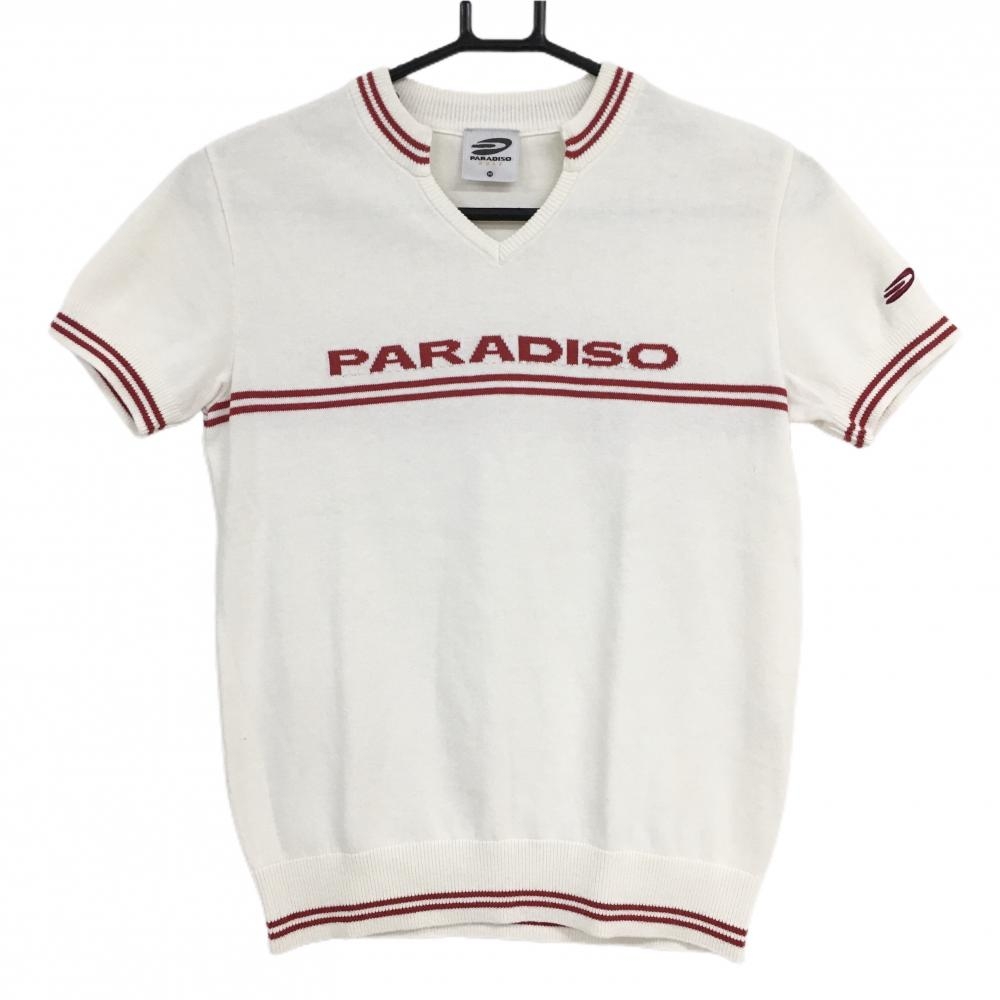 パラディーゾ 半袖セーター 白×レッド ロゴ 腹部ライン ニット レディース M ゴルフウェア Paradiso