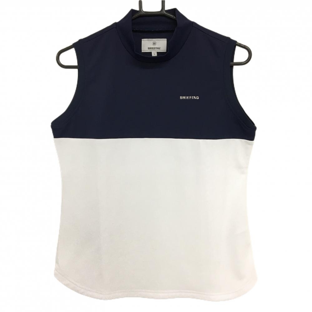 【美品】ブリーフィング ノースリーブハイネックシャツ ネイビー×白 ロゴシルバー レディース L ゴルフウェア 2023年モデル BRIEFING
