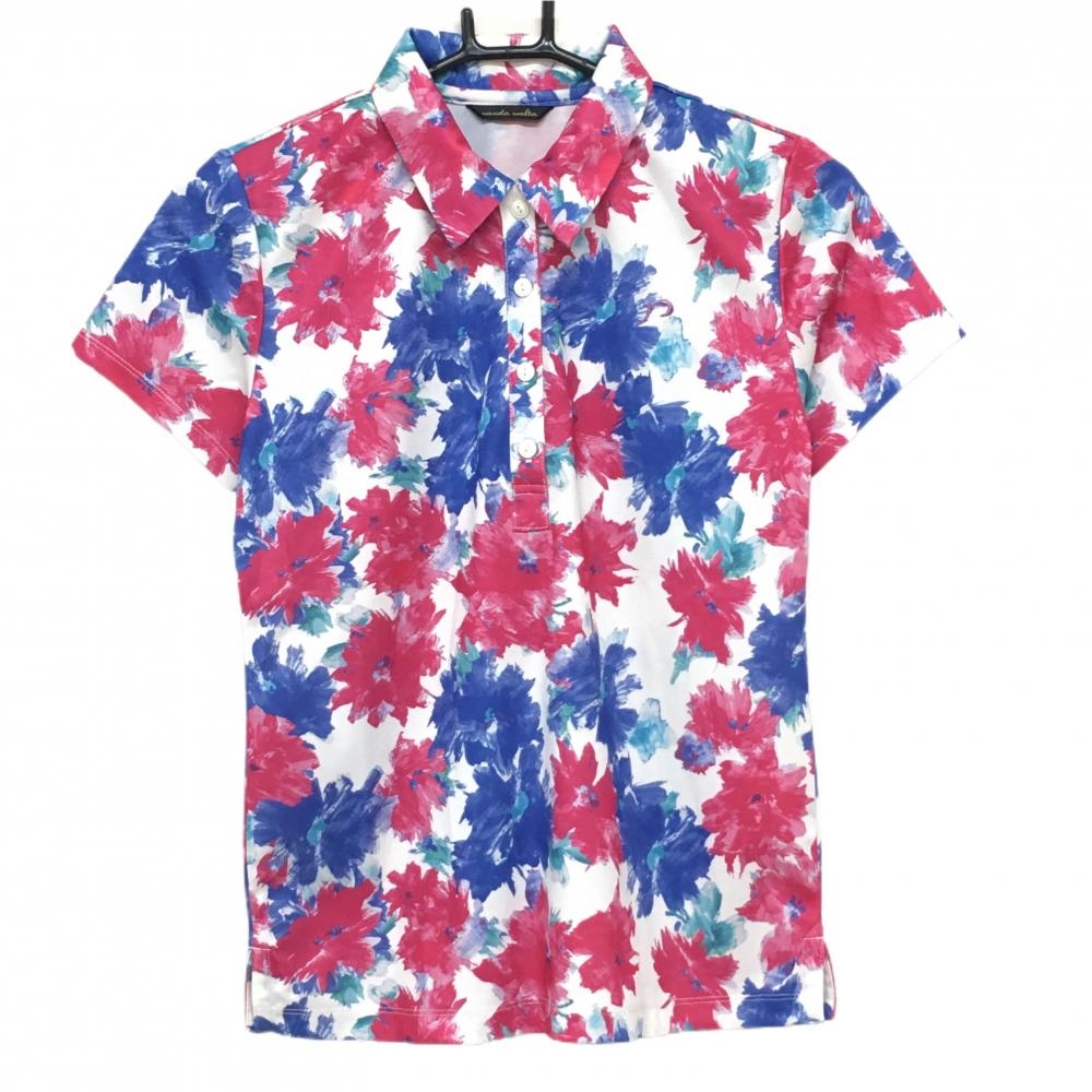 【超美品】リエンダスエルタ 半袖ポロシャツ 白×ピンク×ブルー 花柄 レディース S ゴルフウェア rienda suelta
