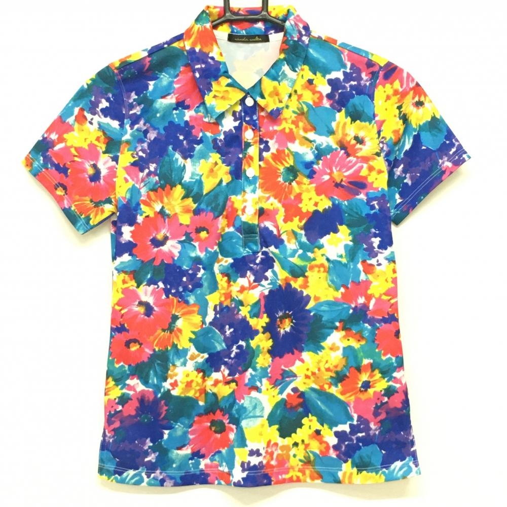 【超美品】リエンダスエルタ 半袖ポロシャツ ブルー×イエロー 花柄 レディース S ゴルフウェア rienda suelta