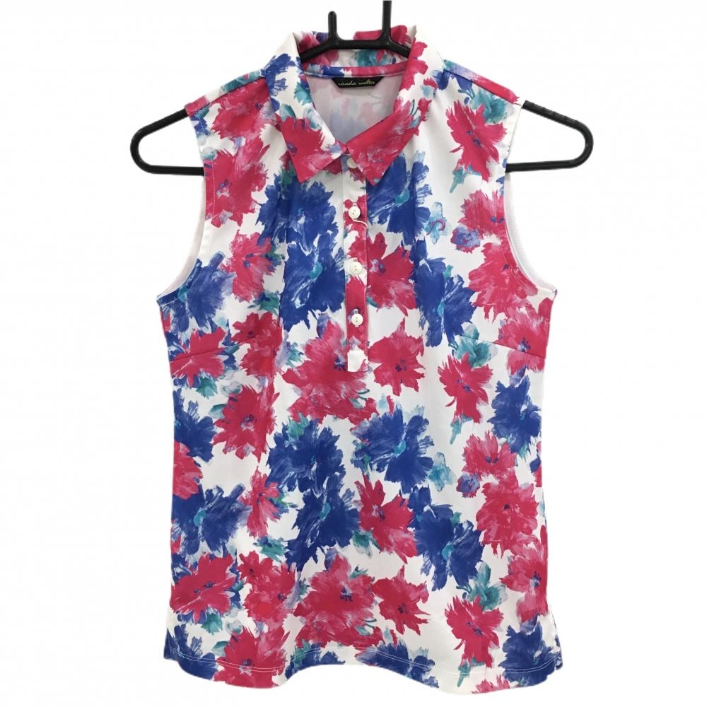 【新品】リエンダスエルタ ノースリーブポロシャツ ピンク×ブルー 花柄 吸水速乾 レディース S ゴルフウェア rienda suelta