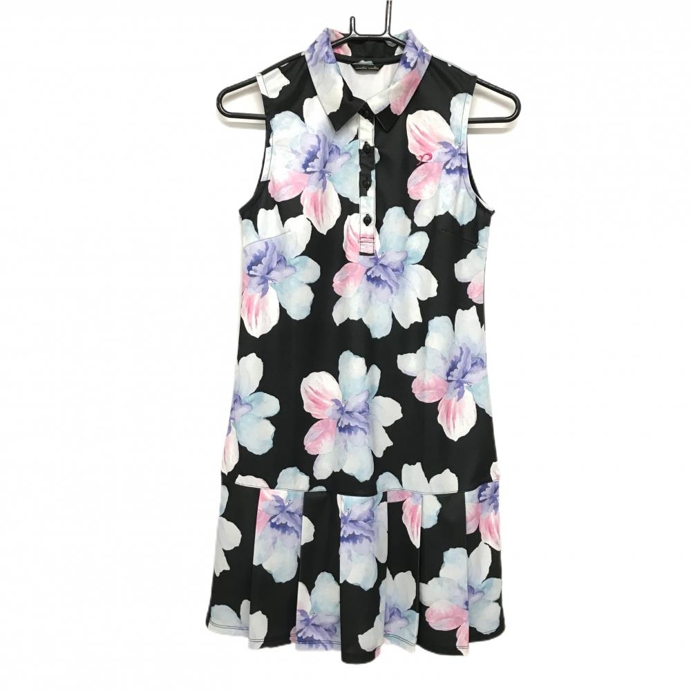 【美品】リエンダスエルタ ノースリーブポロワンピース 黒×ライトブルー×ピンク 花柄 レディース S ゴルフウェア rienda suelta