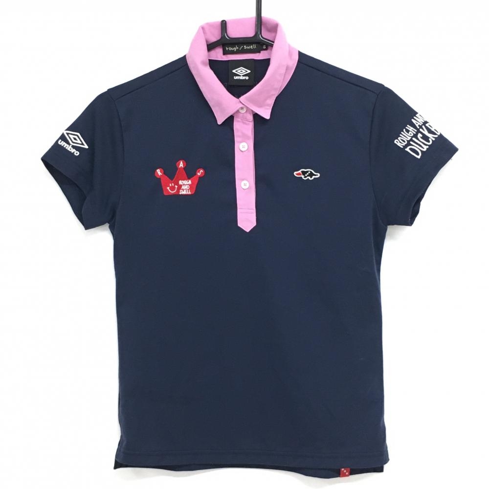ラフアンドスウェル×アンブロ 半袖ポロシャツ ネイビー×ピンク  レディース S ゴルフウェア rough＆swell