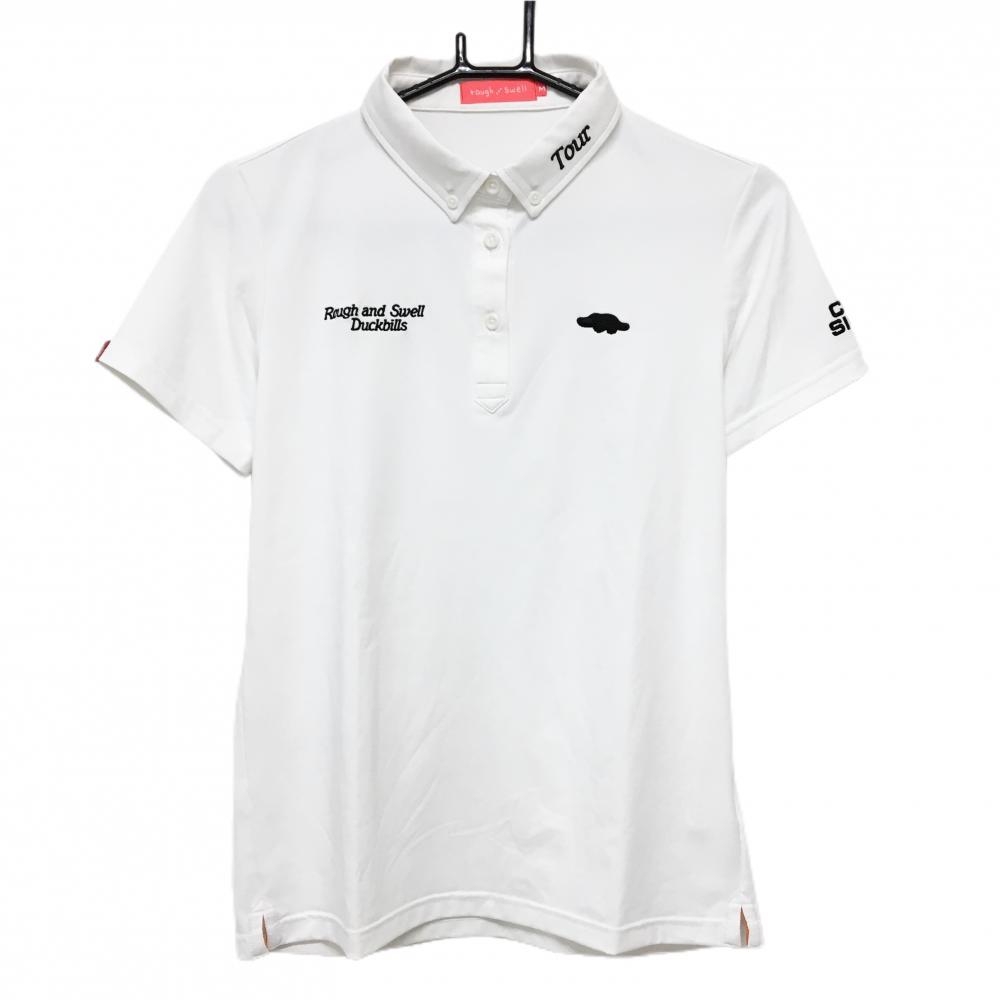 【美品】ラフアンドスウェル 半袖ポロシャツ 白 ロゴ刺しゅう黒 ボタンダウン レディース M ゴルフウェア rough＆swell