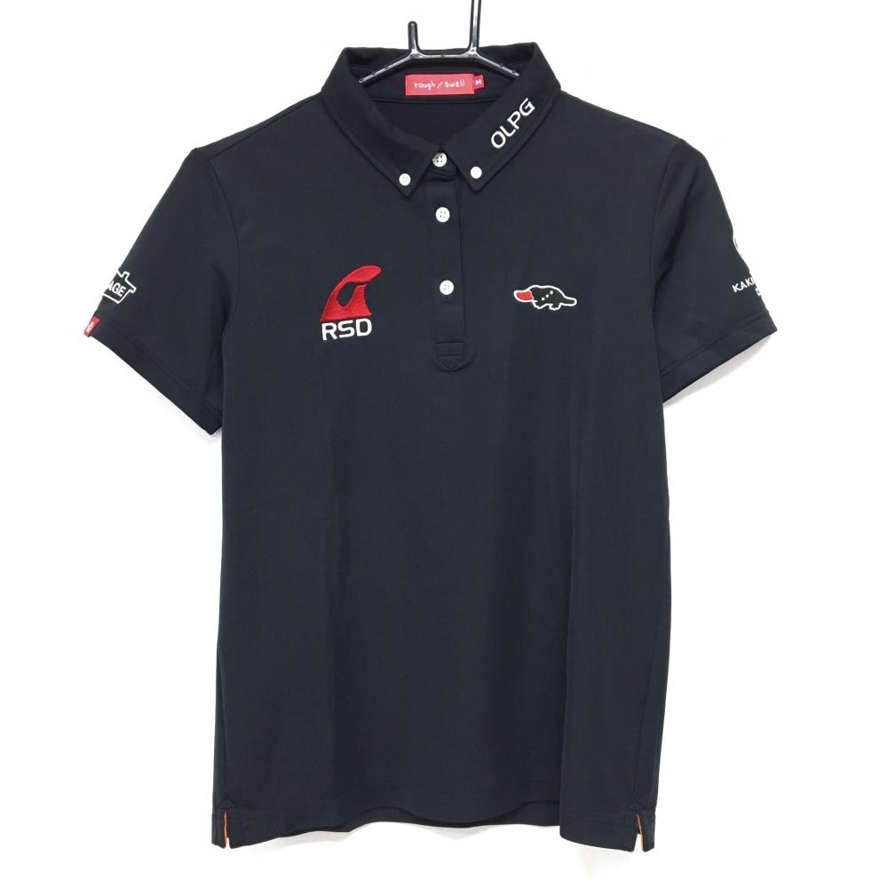 【超美品】ラフアンドスウェル 半袖ポロシャツ 黒×白 柿の木坂コーヒー ボタンダウン レディース M ゴルフウェア rough＆swell