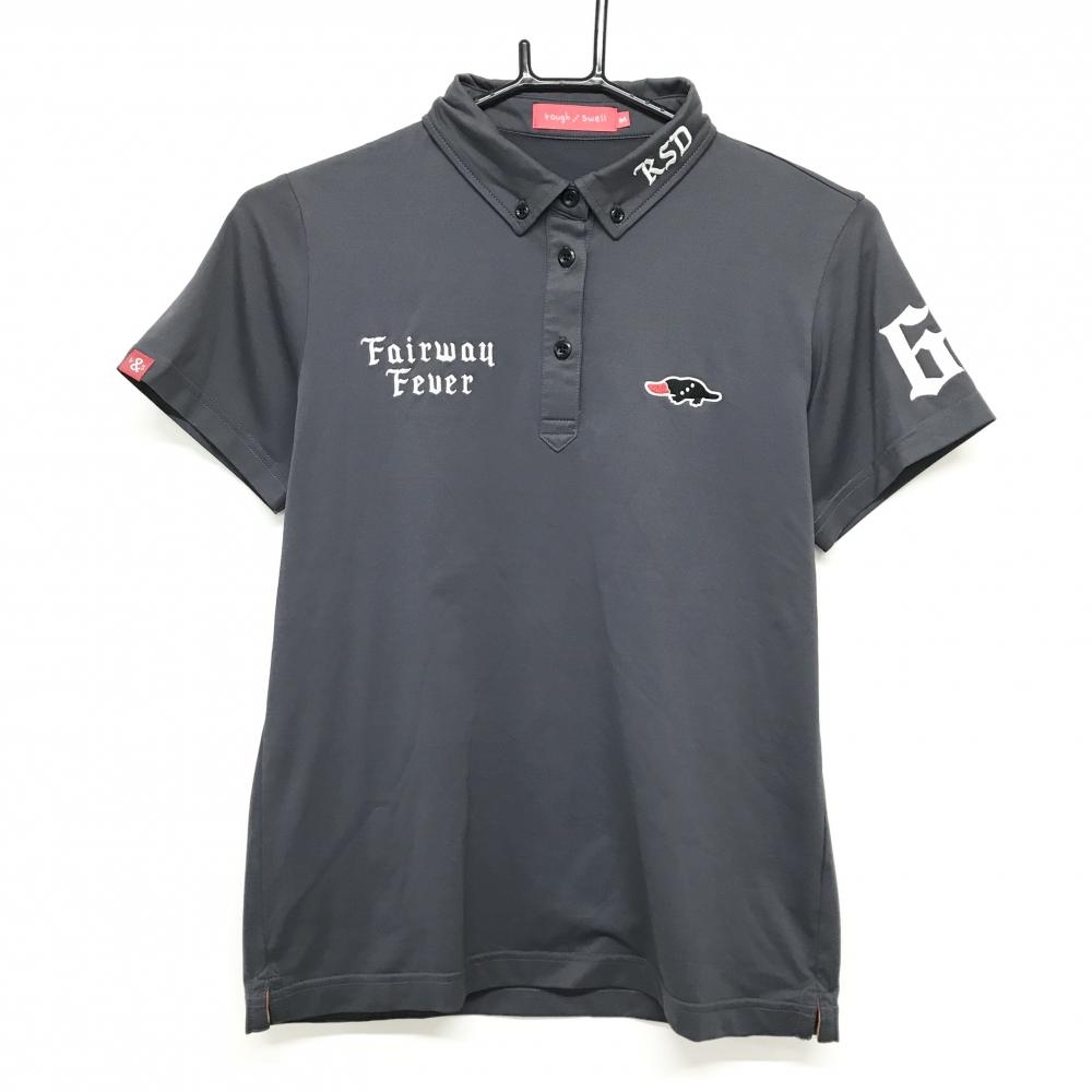 ラフアンドスウェル 半袖ポロシャツ グレー×白 複数刺しゅう ボタンダウン レディース M ゴルフウェア rough＆swell