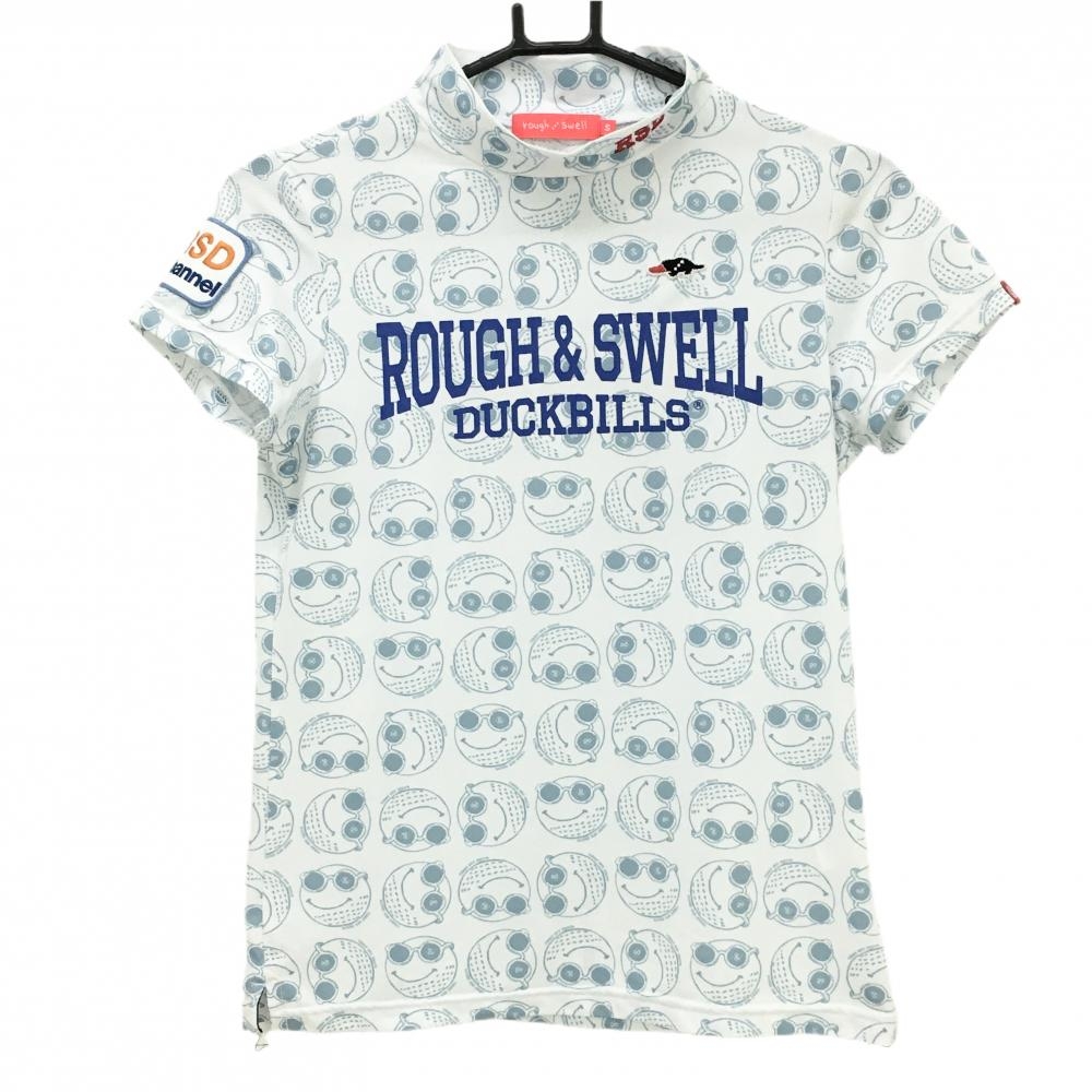 ラフアンドスウェル 半袖ハイネックシャツ 白×スモーキーブルー ゴルフボール総柄 フロントロゴ レディース S ゴルフウェア rough＆swell