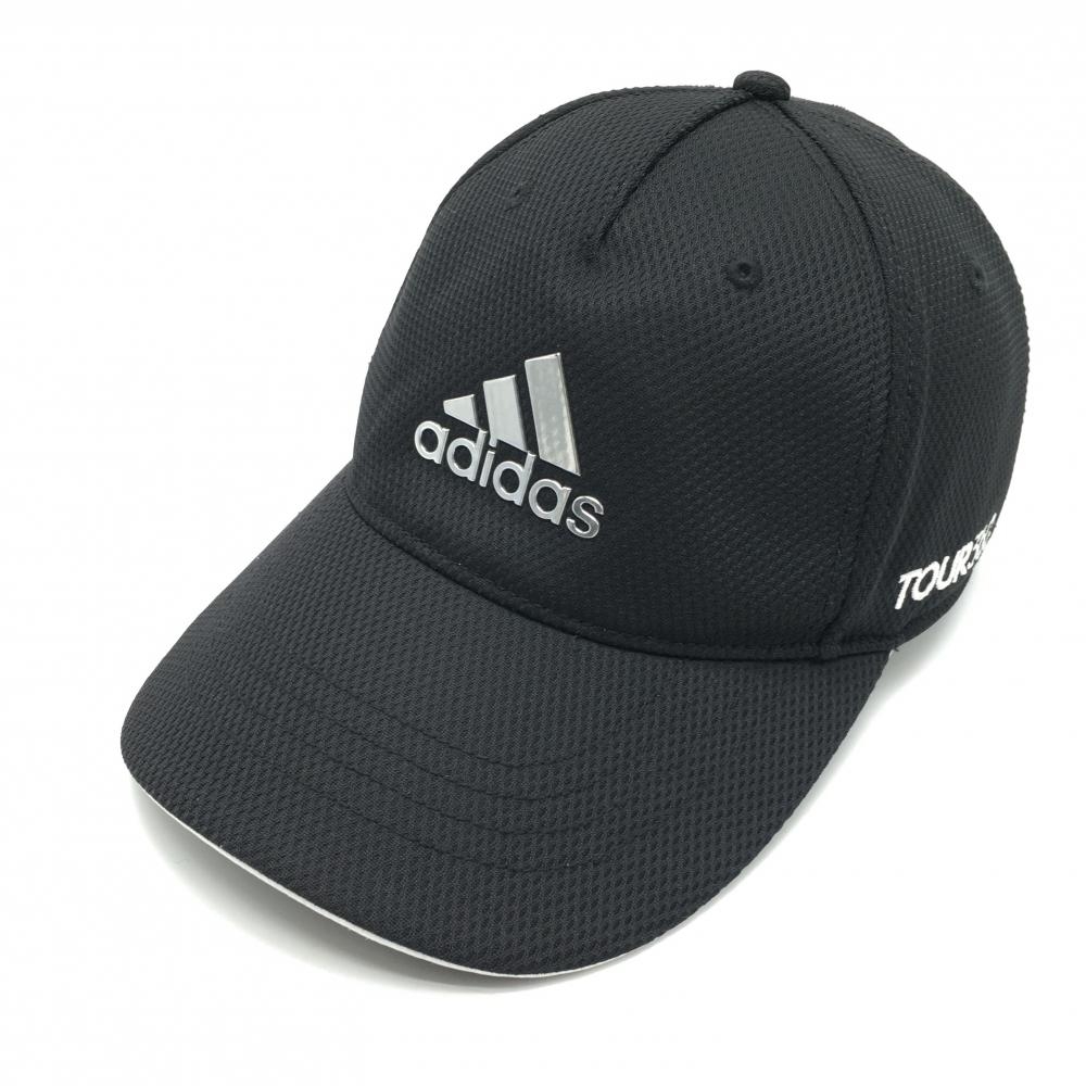 【美品】アディダス キャップ 黒 地模様 ロゴシルバー フリー(57-59㎝)   ゴルフウェア adidas