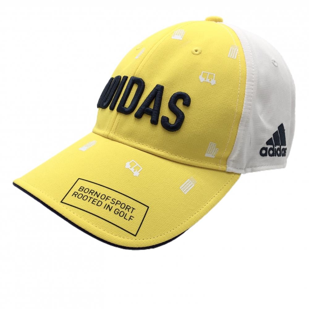 【美品】アディダス キャップ イエロー×白 フロント柄 立体ロゴ フリー(57-59cm)   ゴルフウェア adidas