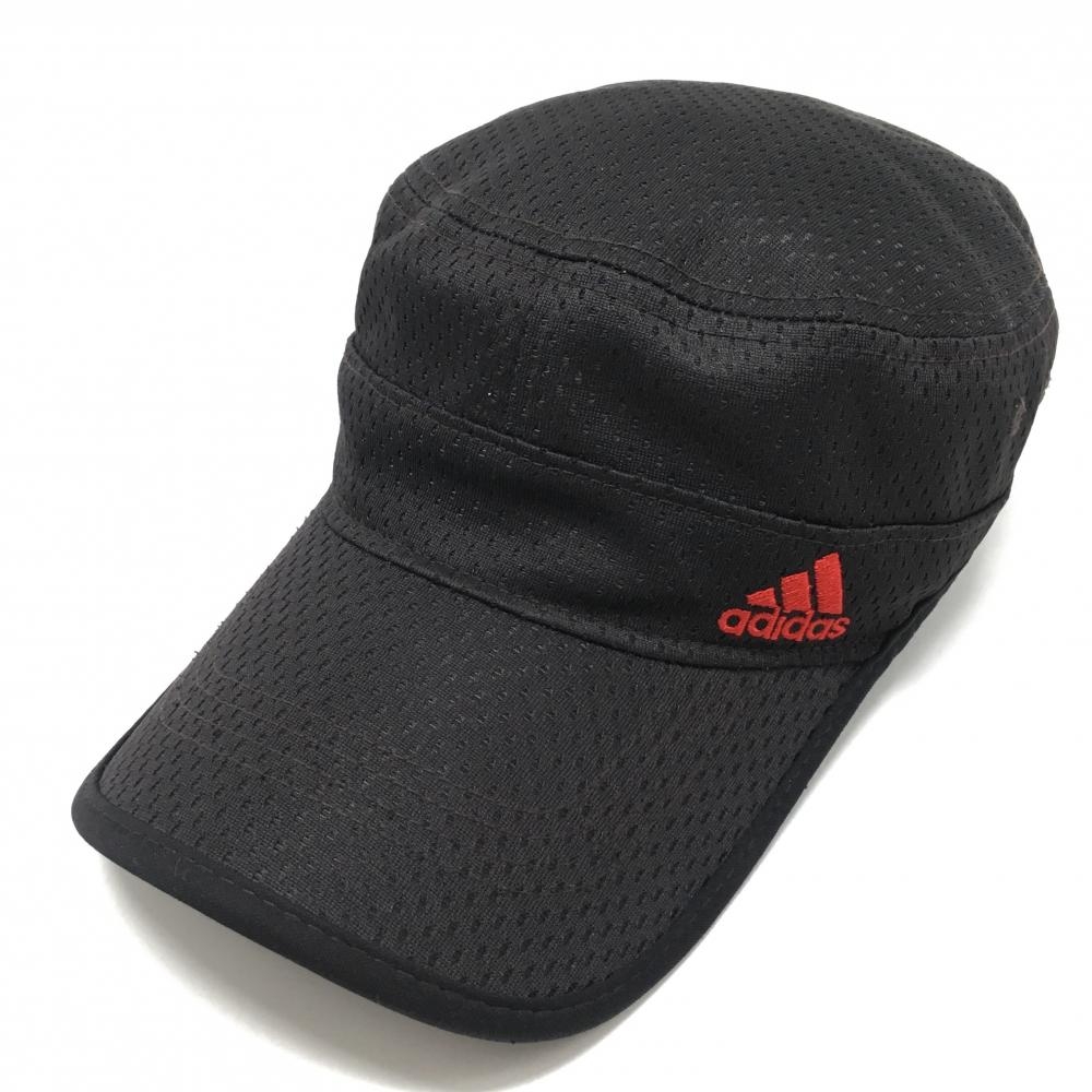 【美品】アディダス ワークキャップ 黒 メッシュ調 ロゴレッド  OSFX(57cm～60cm)フリーサイズ   ゴルフウェア adidas