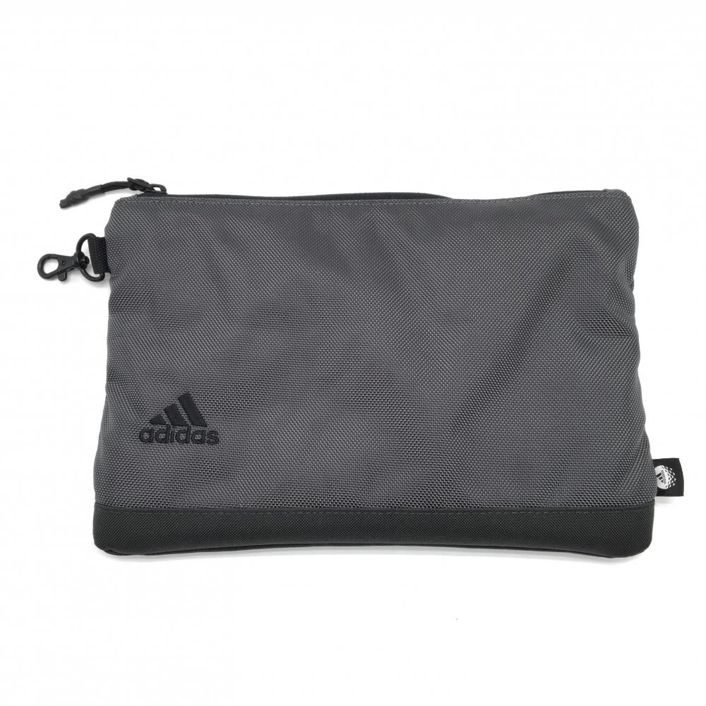 【美品】アディダス ポーチ グレー×黒 ロゴ刺しゅう 内側起毛素材ゴルフ adidas