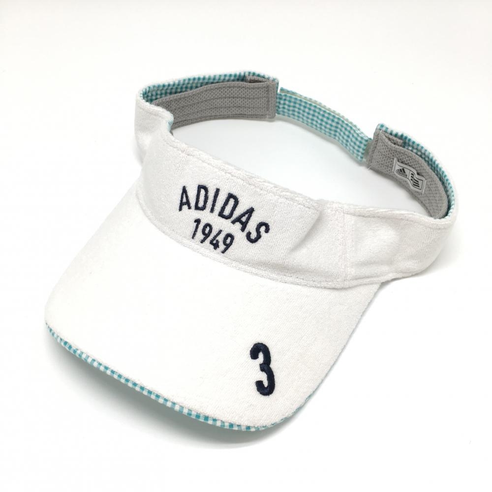 【美品】アディダス サンバイザー 白×ブルー ロゴ刺しゅう パイル生地 フリー(56-58cm) ゴルフウェア adidas