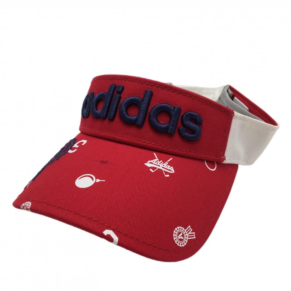 【美品】アディダス サンバイザー レッド×白 つば総柄 勲章刺しゅう 綿100％  フリー(57-59CM)  ゴルフウェア adidas