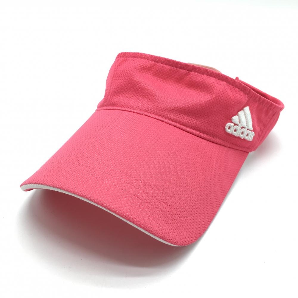 【美品】アディダス サンバイザー ピンク×白 ロゴ刺しゅう フリー(56-58cm)  ゴルフウェア adidas